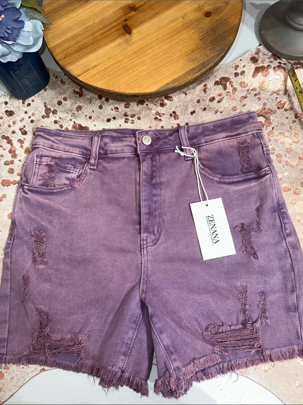 NWT Zenana Outfitters Washed Purple Distressed Denim Shorts
